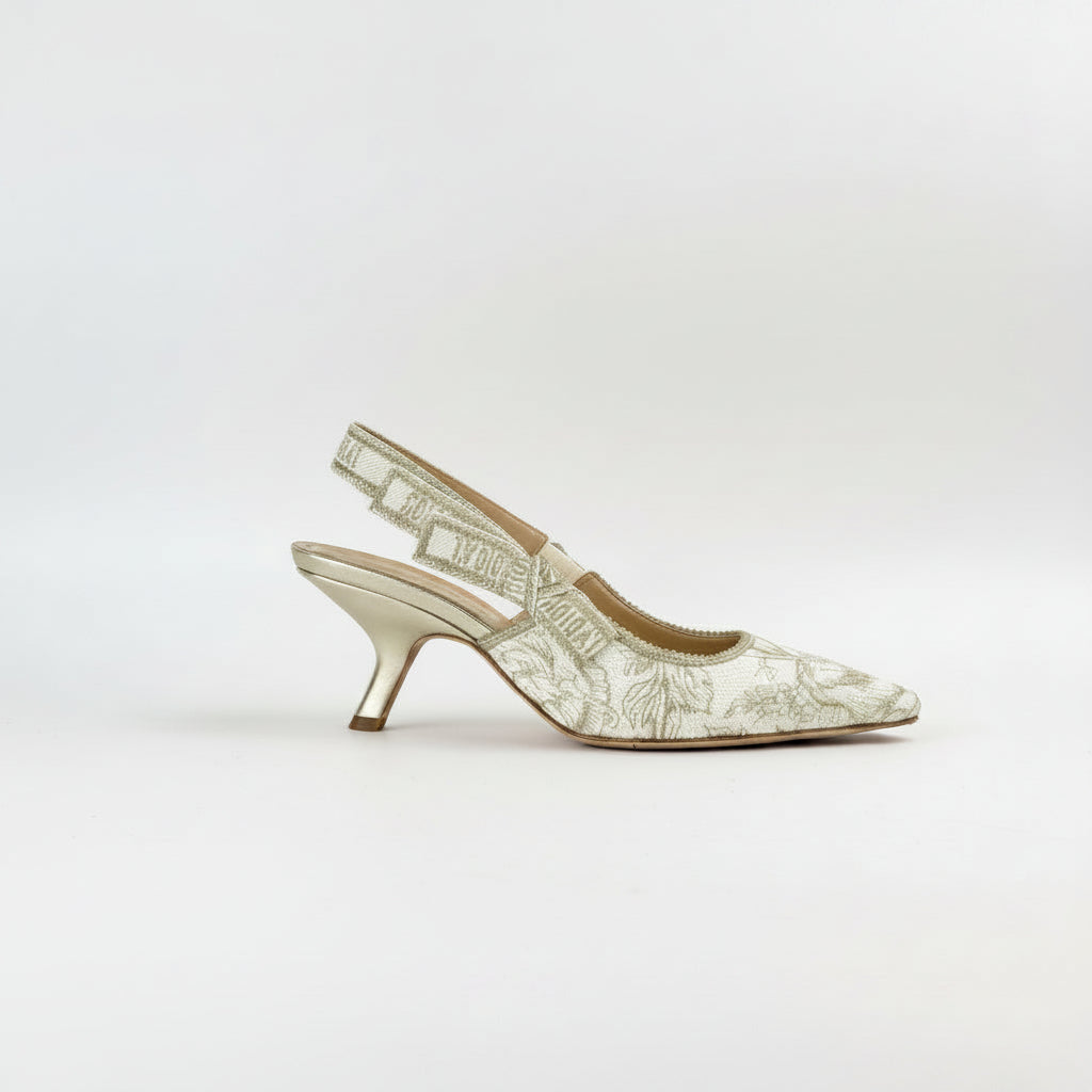 Christian Dior J’Adior Cream & Gold Toile Slingback Pumps