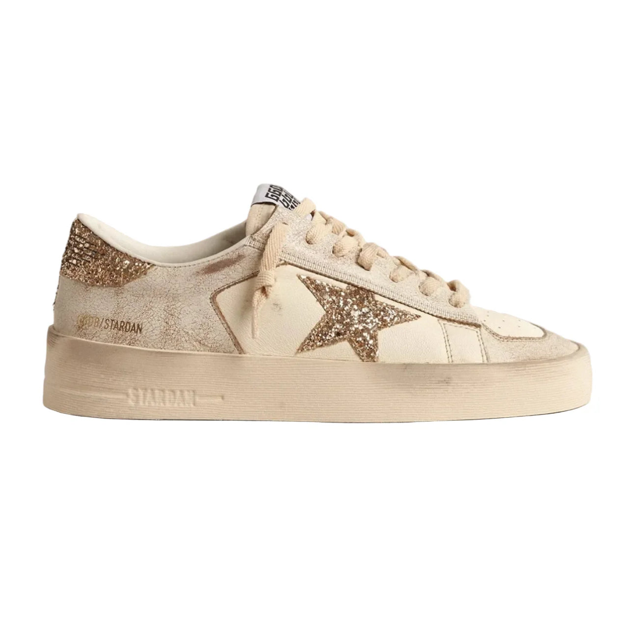Golden Goose Stardan in ecru nappa leather with gold glitter star and heel tab(Women's)