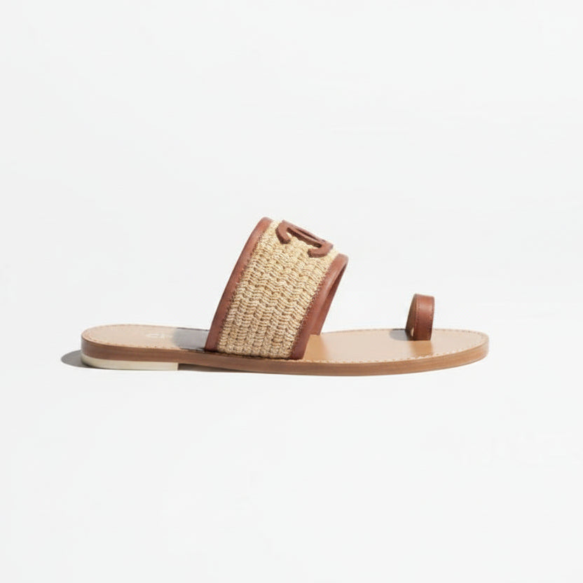 Chanel Raffia Lambskin CC Mules 37 Black Beige