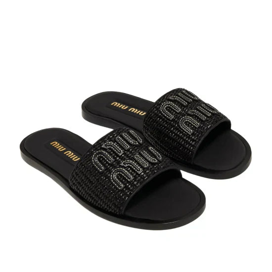 Miu Miu Raffia Logo Flat Slide Sandals black