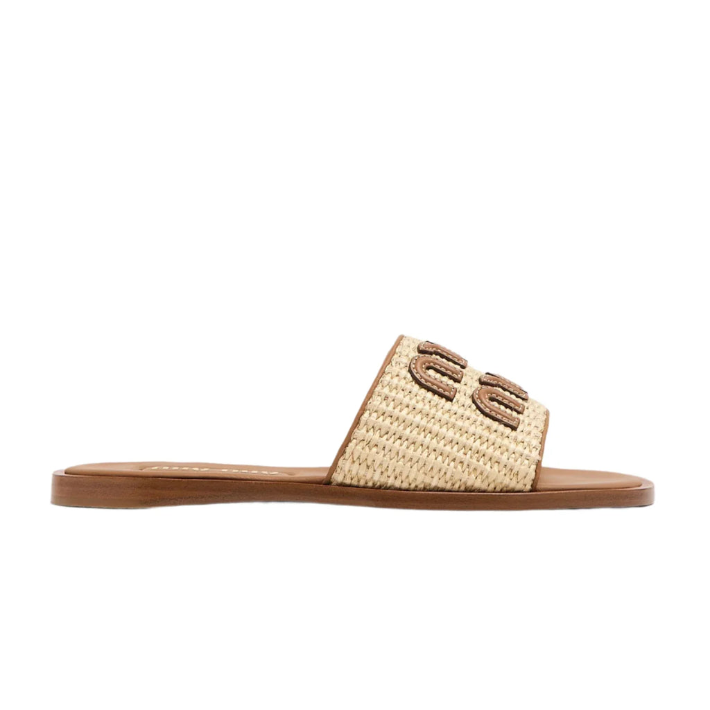 Miu Miu Raffia Logo Flat Slide Sandals beige