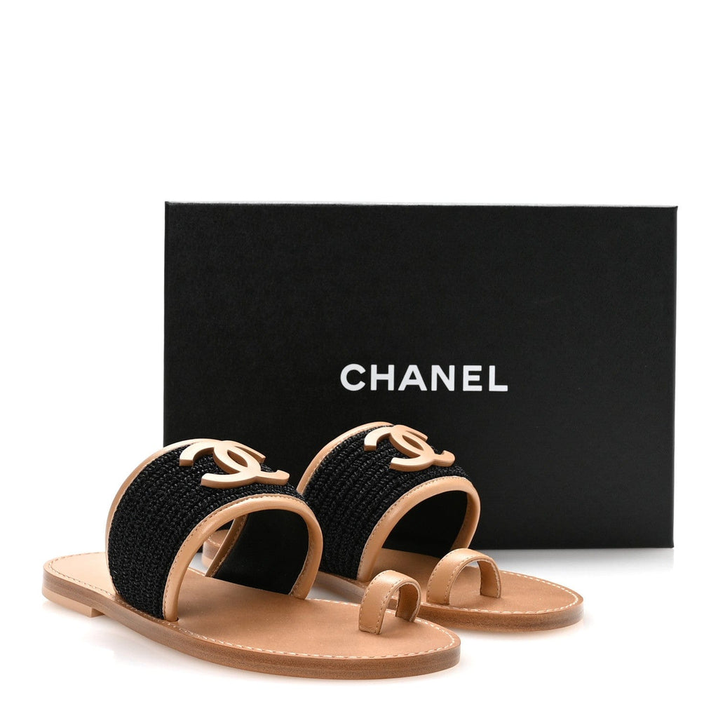 Chanel Raffia Lambskin CC Mules 37 Black black