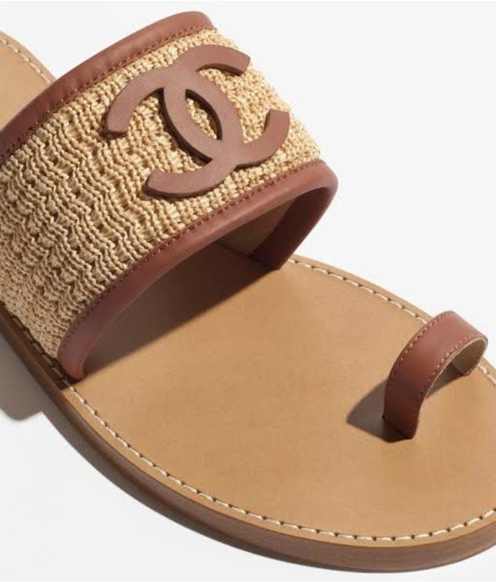 Chanel Raffia Lambskin CC Mules 37 Black Beige