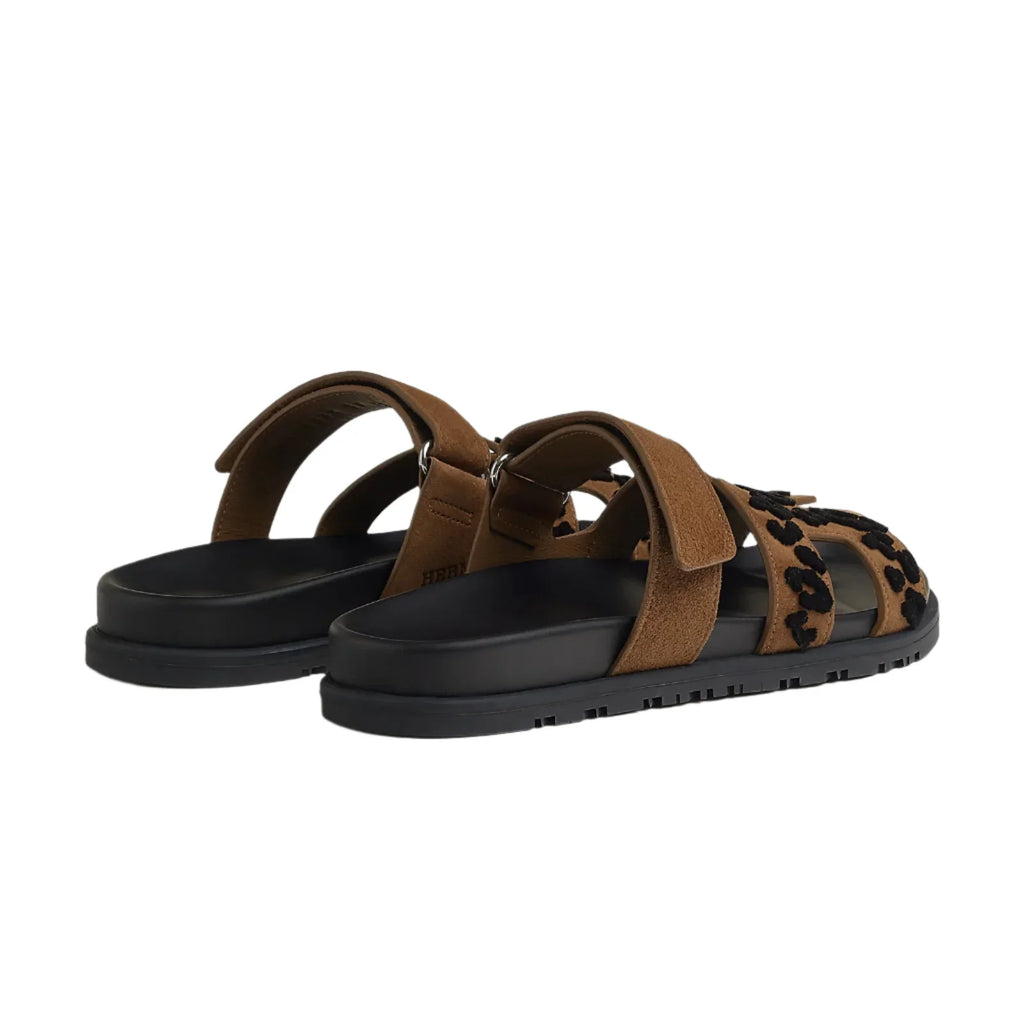 Hermes Suede Goatskin Tufted Leopard Womens Chypre Sandals Brun Fume Black
