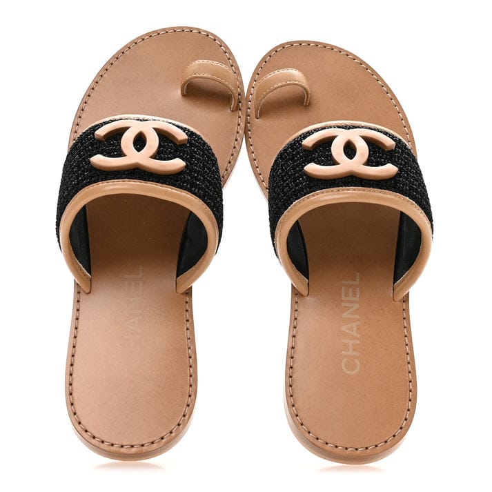 Chanel Raffia Lambskin CC Mules 37 Black black
