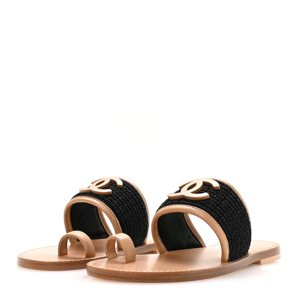 Chanel Raffia Lambskin CC Mules 37 Black black