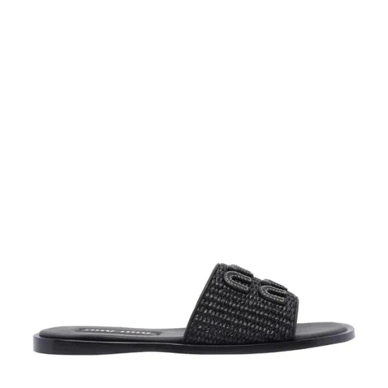 Miu Miu Raffia Logo Flat Slide Sandals black